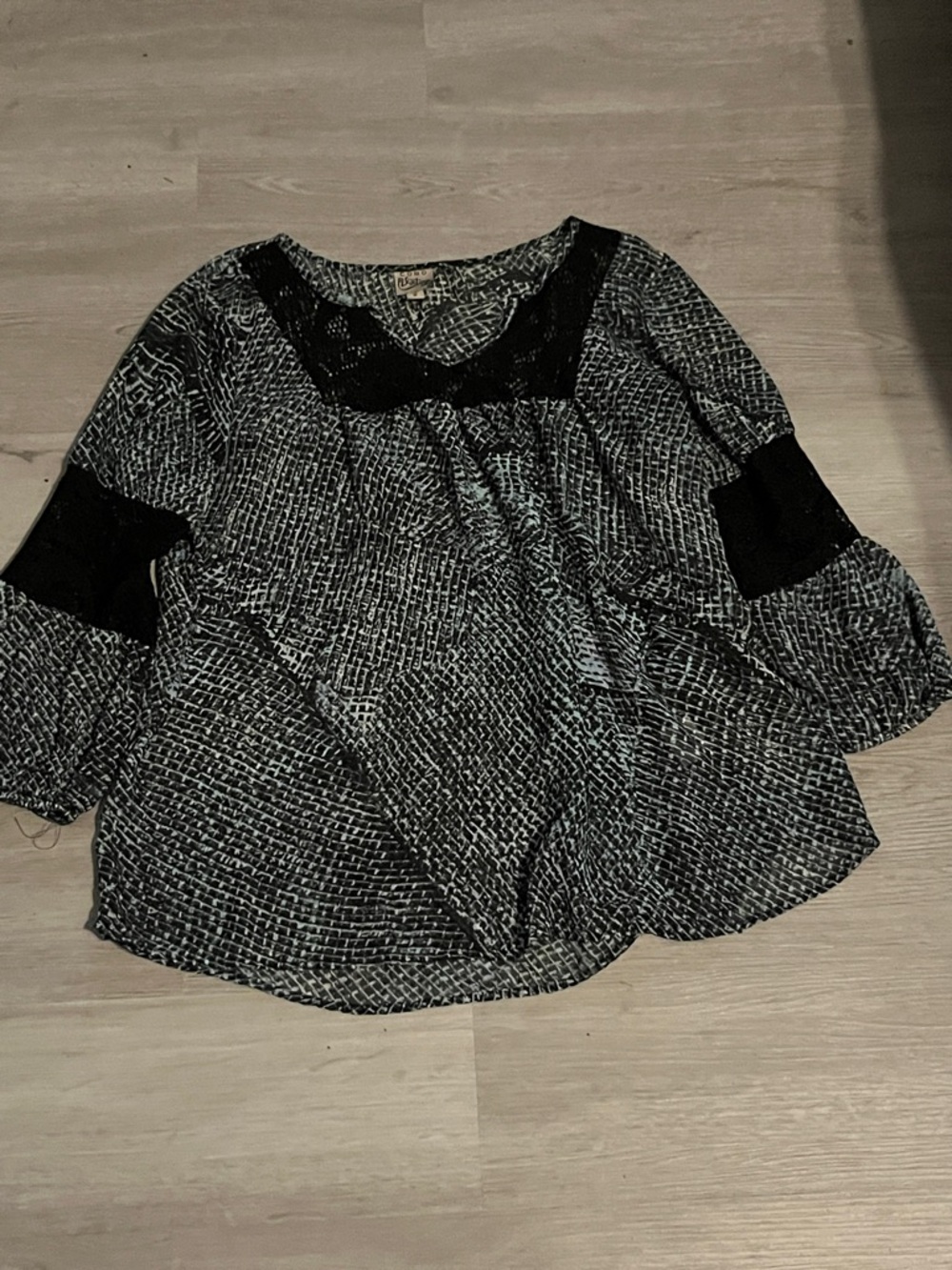 Women's Black & White Patterned Peasant Blouse with Lace Trim